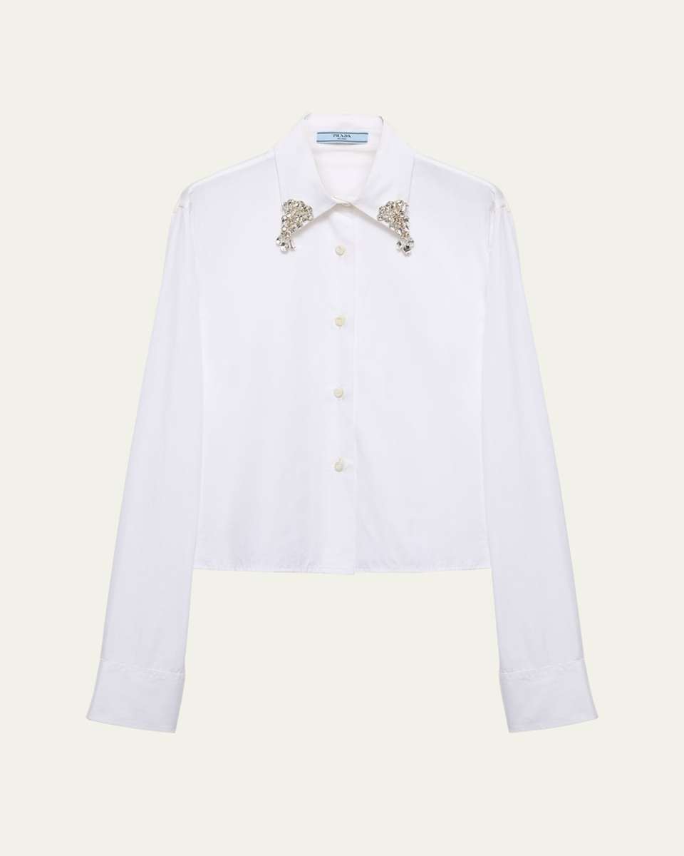 Crystal Collar Button Down Poplin Blouse